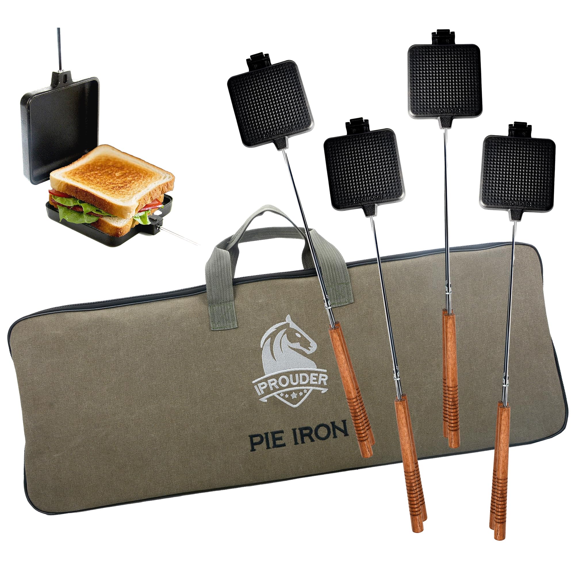 Campfire Pie Iron 4.9" Large Cast Iron Sandwich Maker for Camping 4 Pcs with Storage Bag - 22.6 inch Thickened Handles - Campfire Cooking Equipment for Grilling & Outdoor Cooking