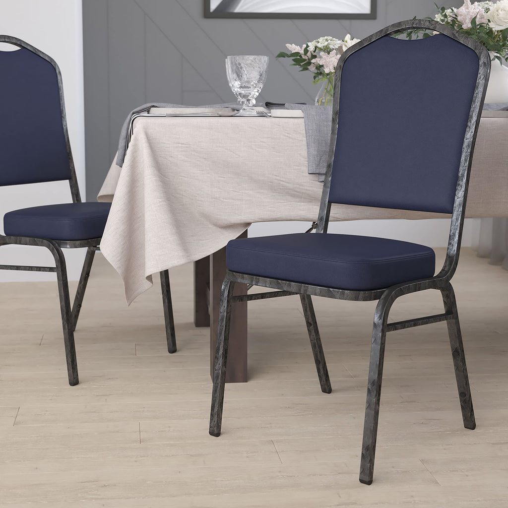 Flash Furniture Hercules Vinyl Crown Back Stackable Banquet Chair, Silver, Set of 1, Navy Vinyl/silver Vein Frame