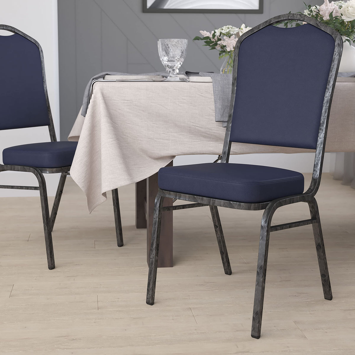 Flash Furniture Hercules Vinyl Crown Back Stackable Banquet Chair, Silver, Set of 1, Navy Vinyl/silver Vein Frame