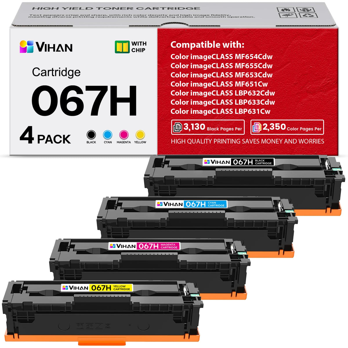 067H Toner Cartridge Set 4 Pack Replacement for Canon 067 067H Color imageCLASS LBP633Cdw MF656Cdw LBP632Cdw MF653Cdw MF654Cdw Printer Ink (1BK/1C/1M/1Y)