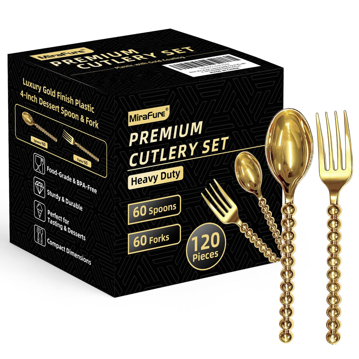 Premium Gold Mini Dessert Utensils Set - 120-Piece (60 Forks & 60 Spoons) with Beaded Handle, 4.4 Inch BPA-Free Plastic, Appetizer Utensils for Parties, Charcuterie Boards & Tasting Events