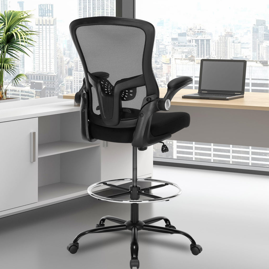 Luckyear Ergonomic Drafting Chair – Tall Office Chair for Standing Desk, Adjustable Height Mesh Chair with Footrest and Flip-up Arms, Counter