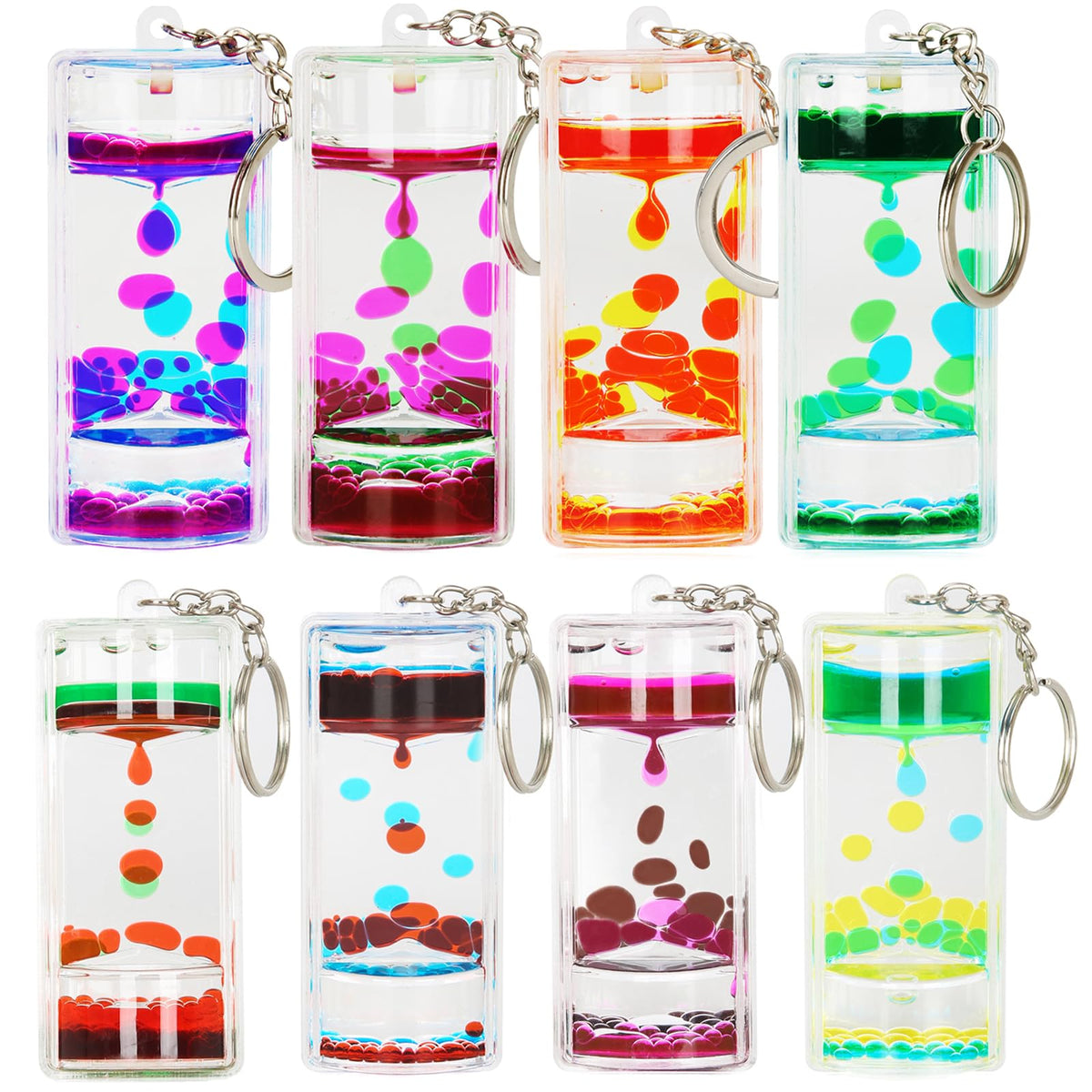 FKYTION Liquid Motion Bubbler Key Chain Pack of 8 Great Desktop Colorful Hourglass Liquid Bubbler Small Calming Relaxing Toys (Rainbow Series, Pack of 8)