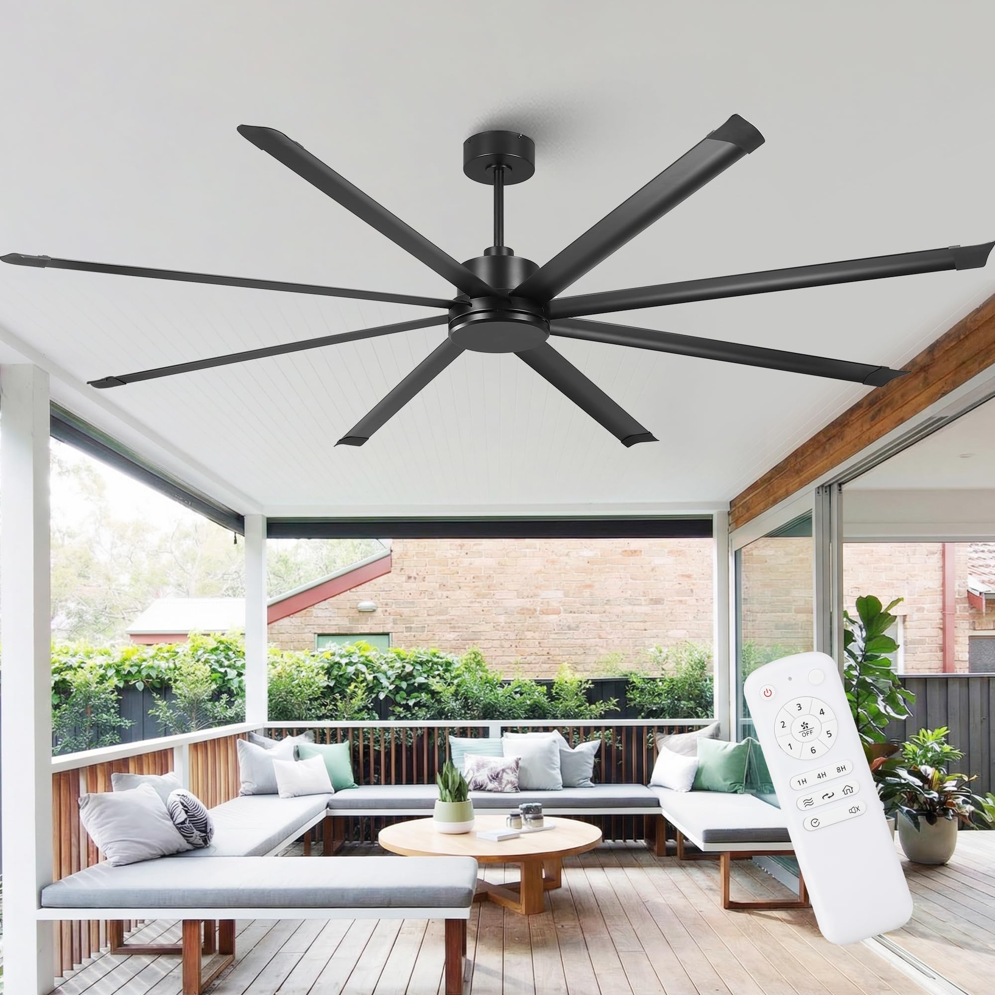 100 Inch Ceiling Fans without Lights, Big Industrial Black Ceiling Fan No Light with Remote Control, High Airflow Quiet Reversible DC Motor, 8 Aluminum Blades, Commercial Fan for Shop Gym Warehouse