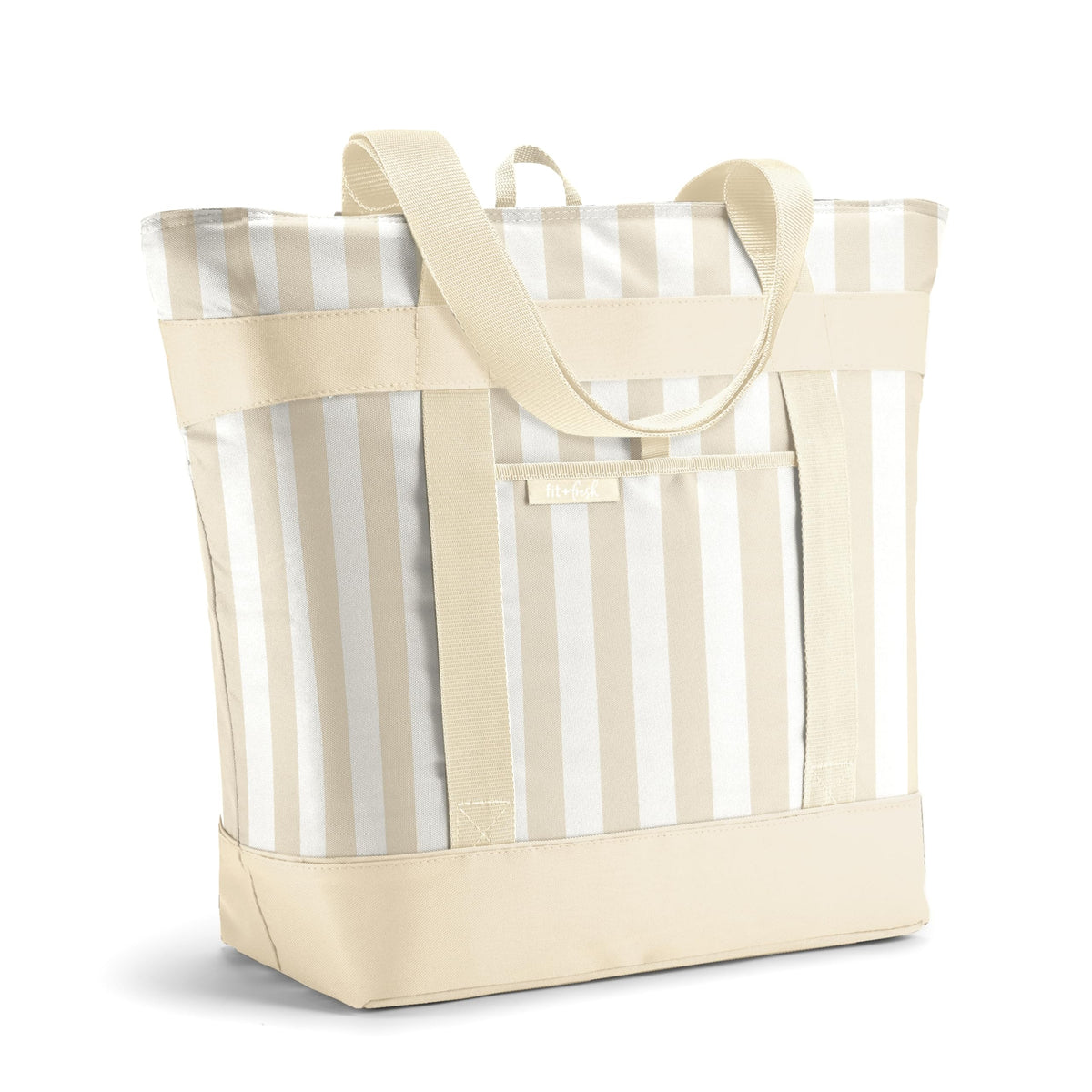 Fit & Fresh Insulated Grocery Tote Bag – Large Reusable Thermal Cooler Bag for Shopping, Food Delivery & Catering – Premium Leak Resistant Food Carrier, Foldable Soft Cooler, Taupe Stripe