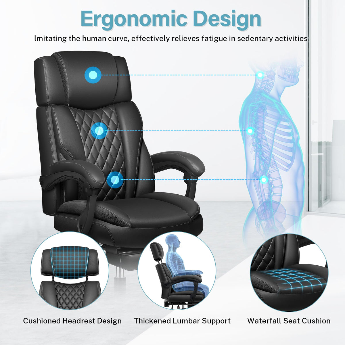 Executive Leather Office Chair, Big and Tall Office Chair with Footrest Home Office Desk Chairs, Ergonomic Computer Desk Chair with Lumbar