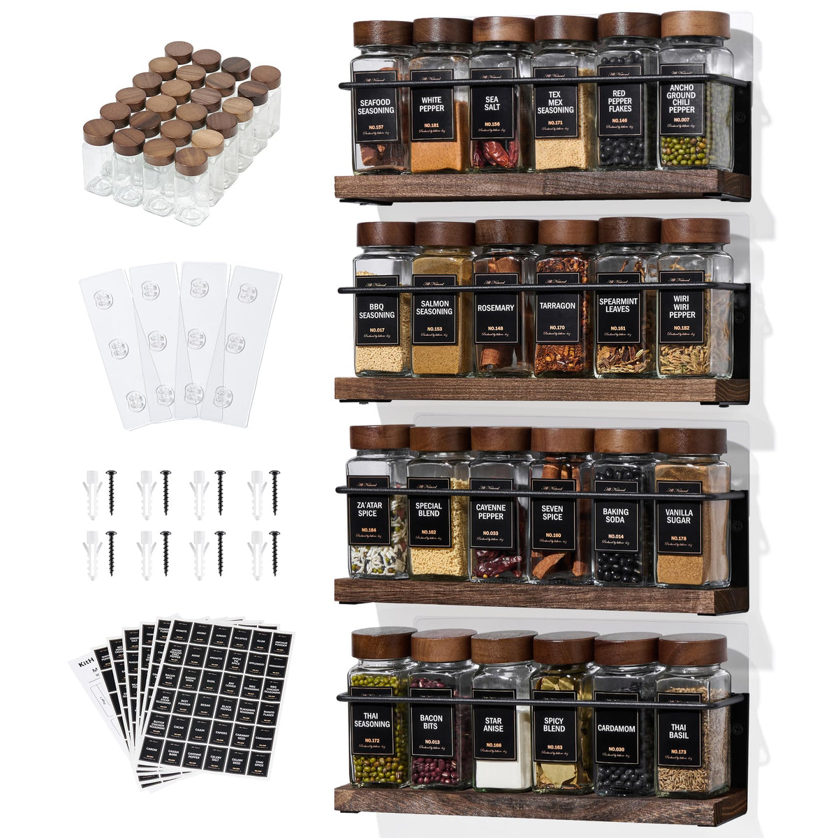 4-Tier Wall Mount Spice Rack Organizer with 24 Glass Jars, 216 Labels & Funnel - Screw/Adhesive Mount, Black Metal & Wood Spice Storage for Kitchen Pantry Cabinet, 11.6”L x 2.4”W x 3.2”H
