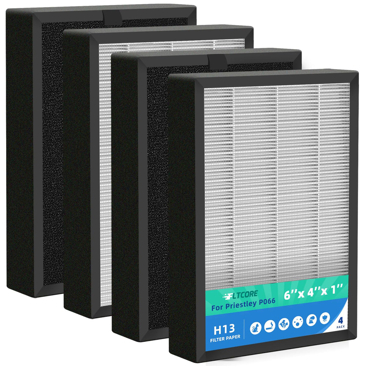 P066 Replacement Filter Compatible with Priestley P066 Air Purifier, H13 Construction Media for Wildfire Smoke Particles, Kitchen Odors & Pet Dander, 4-Pack Replacement Set for Residential Maintenance