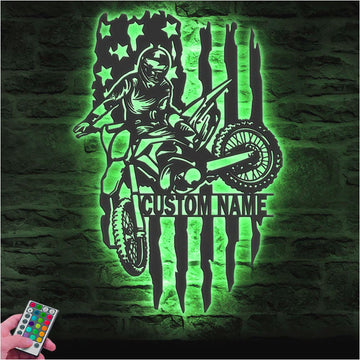 Custom Name Motocross Biker Metal Sign Wall with LED Light – Personalized Dirt Bike Rider Wall Display for Home, Motorcycle Room, Xmas Gift