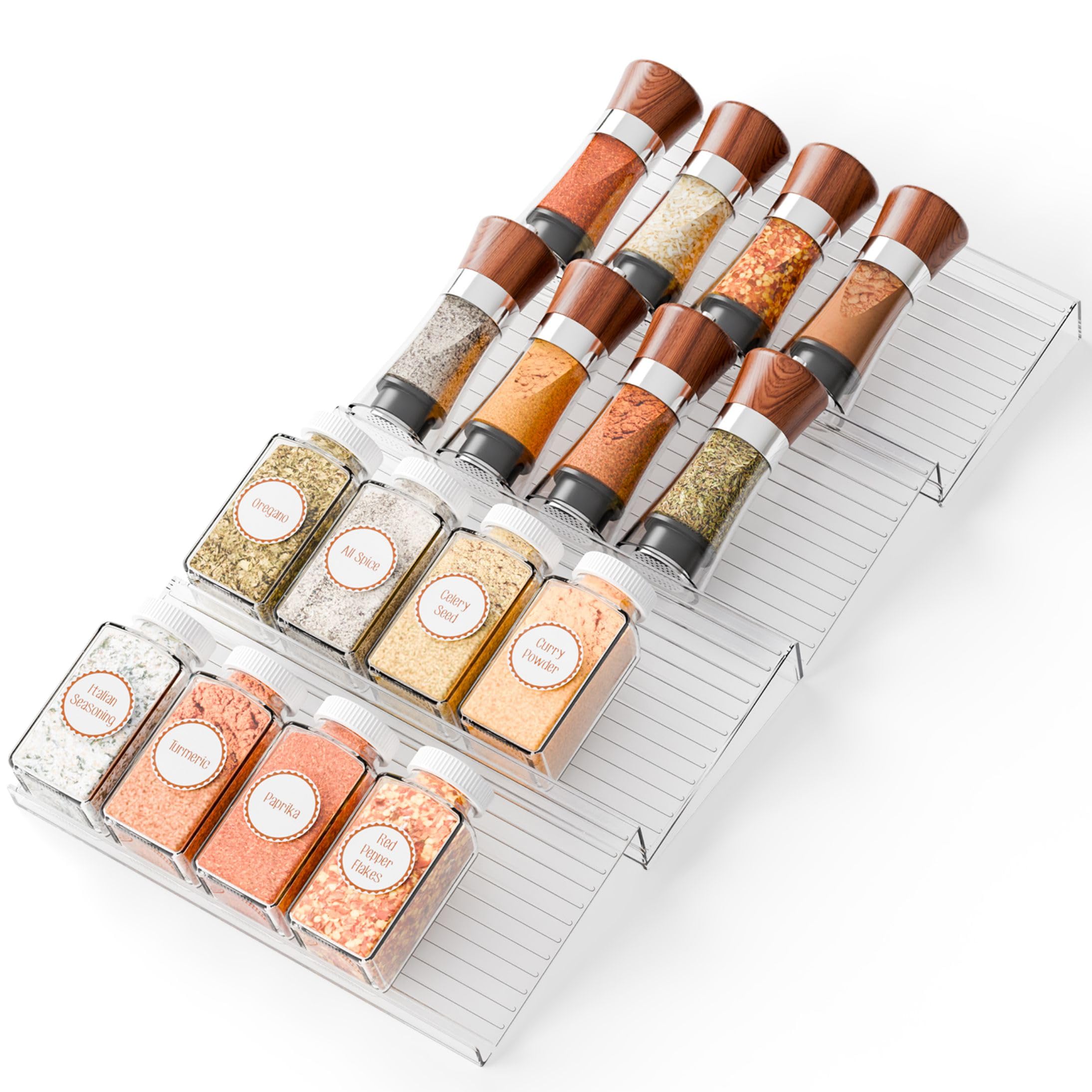 4 Pack Adjustable Narrow Spice Rack for Drawer - Expandable From 9" to 17.7" - Acrylic Drawer Seasoning Organizer,Tiered Clear Spice Tray for Spices,Condiment,Nail Polish and Jar Organization