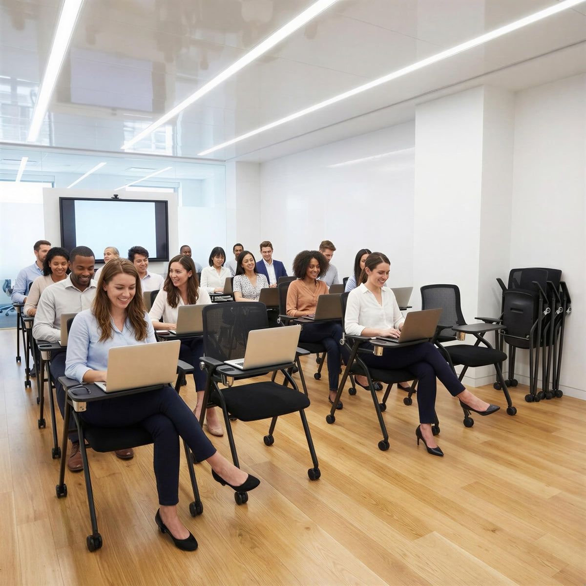 Blaneduo Updated Conference Room Chairs with Tablet Arm, Folding Office Desk Chair with Lumbar Support and Sliding Armrest with Casters,