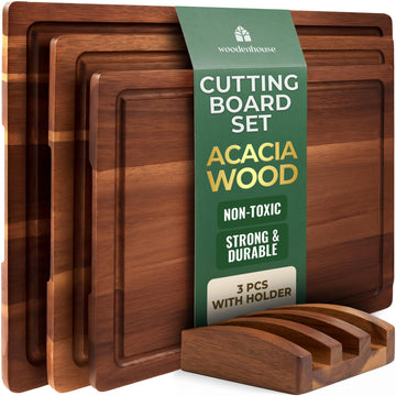 Acacia Wood Cutting Board Set of 3 with Holder & Juice Grooves