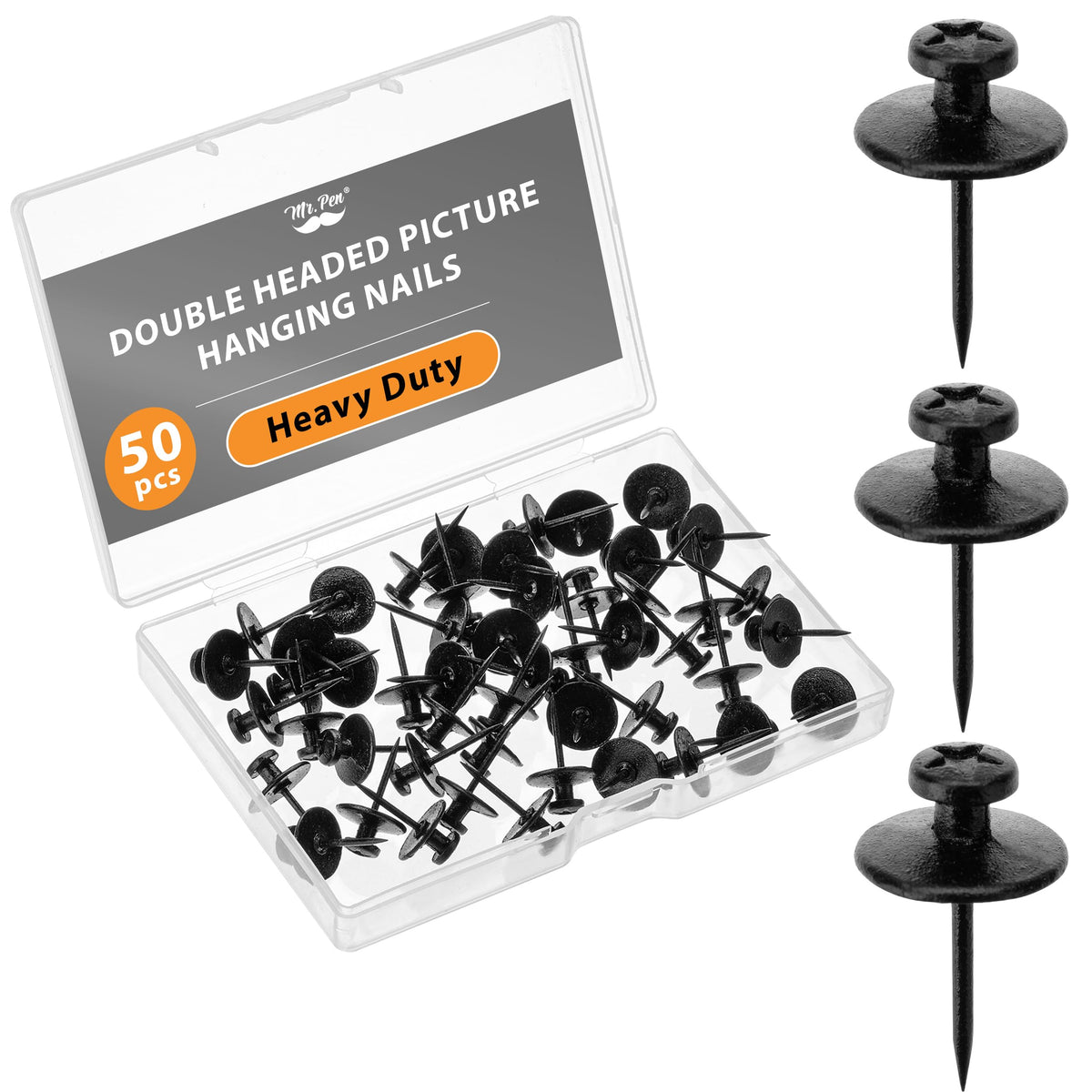 Mr. Pen- Double Headed Picture Hanging Nails, 50 Pack, Black | Push Pins for Wall, Small Picture Frame Hangers for Drywall Cork Board, Home Office, Photo Decorations