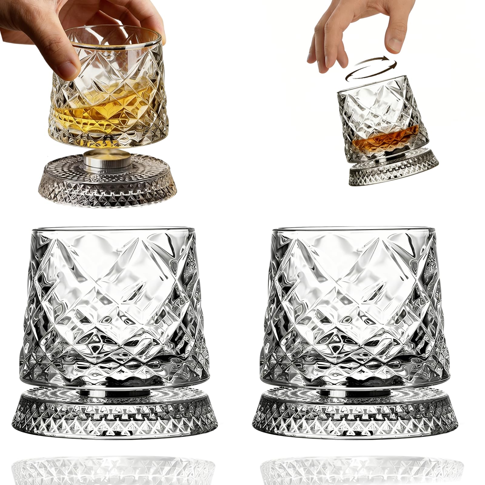 Spinning Whiskey Glass,Set of 2 – 360° Rotating Crystal Whiskey Tumblers with Heavy Base,Lead-Free Premium Glass for Bourbon & Scotch,Unique Gift for Men(A)
