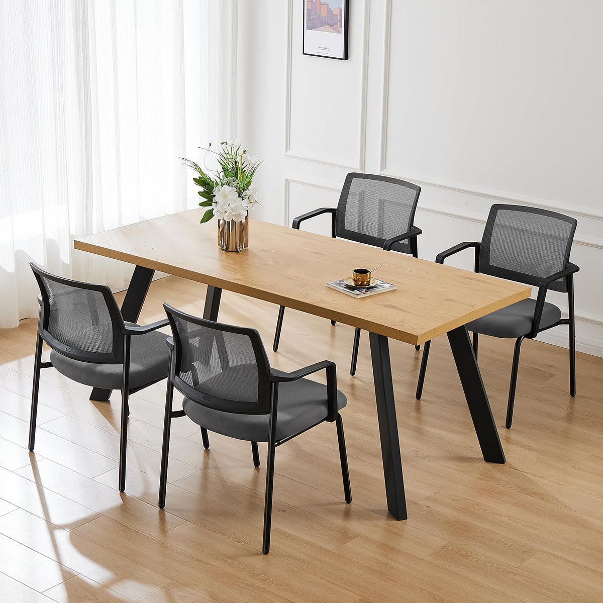 Dumos Stacking Arm Chairs 4 Pack, Mesh Office Guest Reception Chairs, Grey