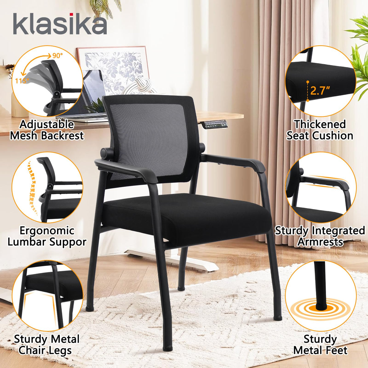 Klasika 2pack Waiting Room Chairs with Wheels, Adjustable Mesh Backrest, Desk Chair with Ergonomic Lumbar Support and Thickened Seats Cushion