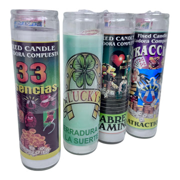 Set de Veladoras Esotéricas "Suerte y Fortuna" Conjunto de 4 Veladoras Rituales en Contenedores de Vidrio 14 oz blancas sin esencia.