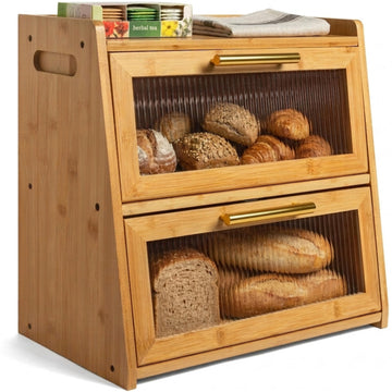 Gennua Kitchen Extra Large Bamboo Bread Box for Kitchen Countertop, Double Layer Wooden Breadbox Holds Multiple Loaves of Homemade Bread, 16.5 Inch Storage Container with Frosted Acrylic Windows