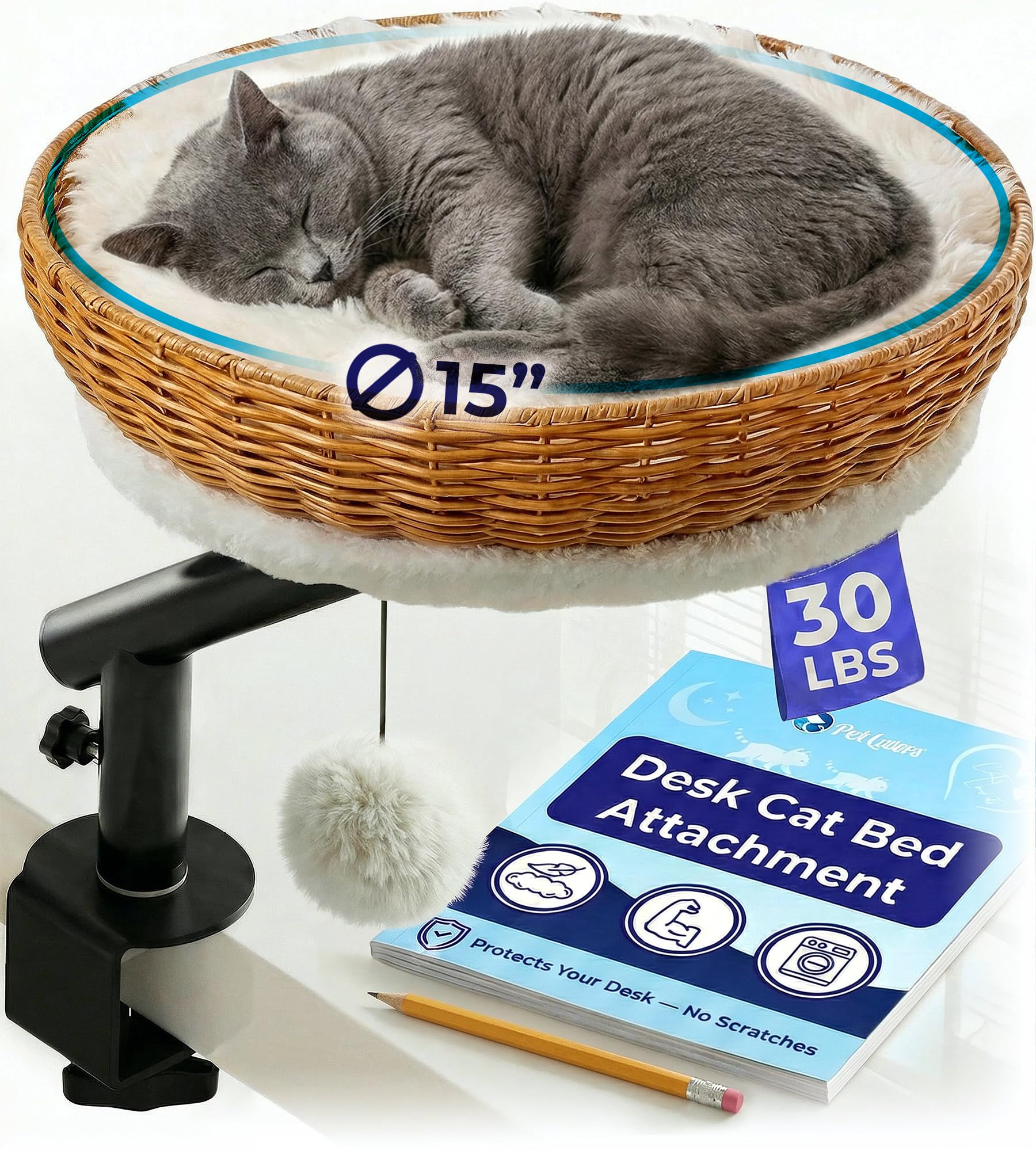 PetLovers Cat Desk Bed - Rattan Elevated Desk Cat Bed Attachment with Removable Washable Cushion, 360° Swivel Arm, Secure Clamp - Keeps Your Pet Close While You Work or Play