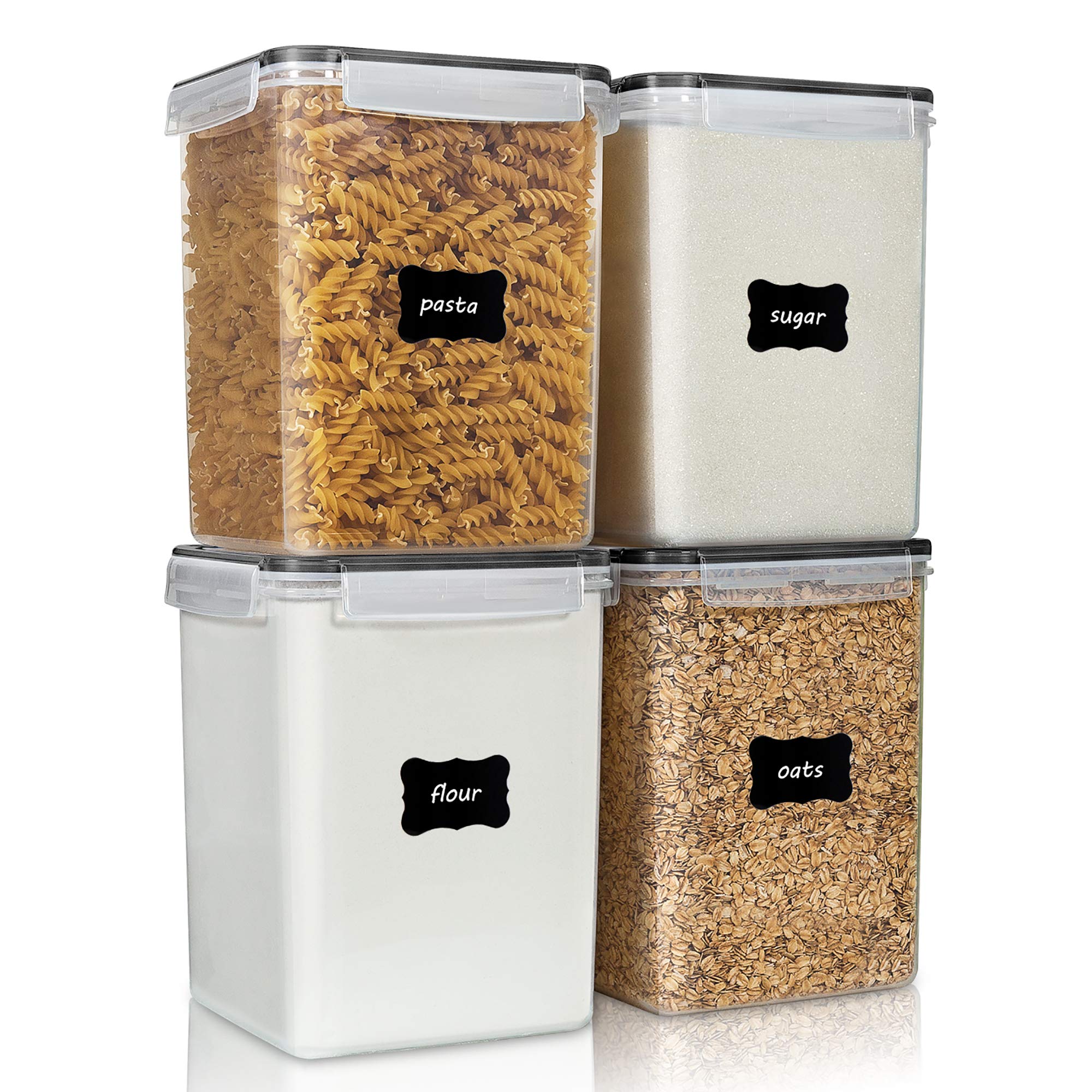Vtopmart 4 PCS Large Food Storage Containers 5.2L / 175oz, 4 Pieces BPA Free Plastic Airtight Canisters for Flour, Sugar, Baking Supplies, Rice with Lids, 4 Measuring Cups and 24 Labels, Black