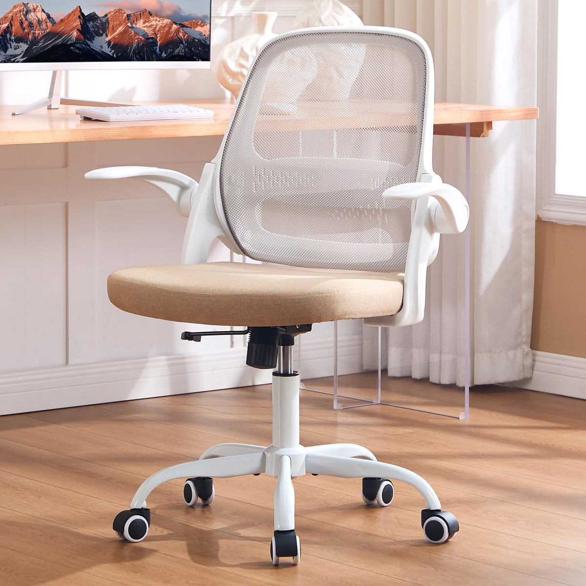 Amseatec Ergonomic Mesh Desk Chair with Flip-up Arms, Supports 300 Lbs, 27.2 inches (W) x 23 inches (D) x 39.2 inches (H), Beige