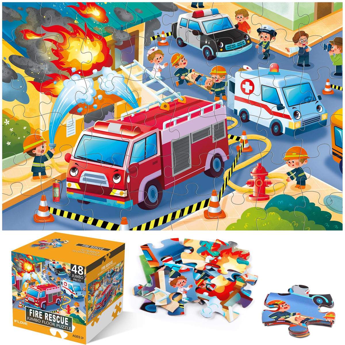 Jumbo Floor Puzzle for Kids,Fire Rescue Jigsaw Large Puzzles,48 Piece Firefighter Fireman Fire Truck Puzzle for Toddler Ages 3-5,Children Learning Preschool Educational Toys,Gift for 4-8 Years Old