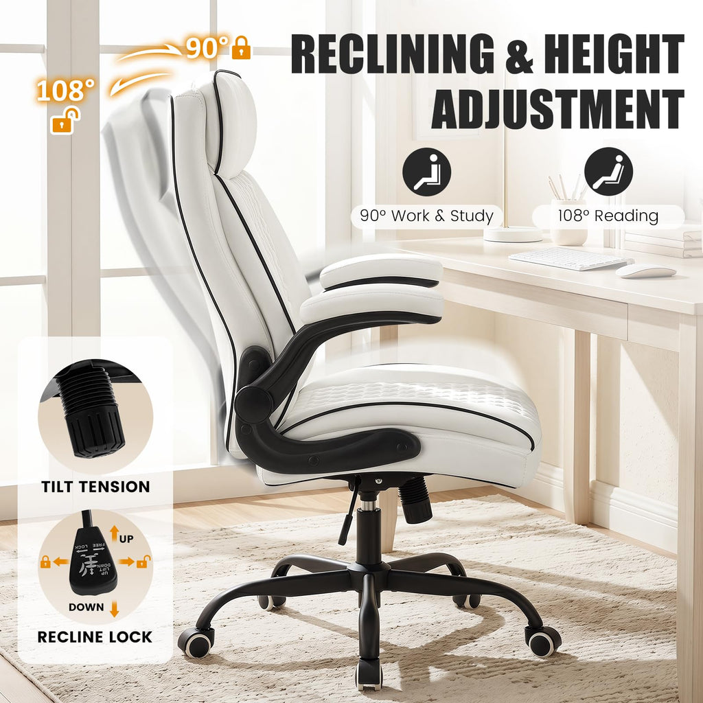 White Office Chair 400lbs, Modern Executive Desk Chair with Lumbar Support, Comfortable Computer Chair with Flip-up Armrests, Adjustable Height