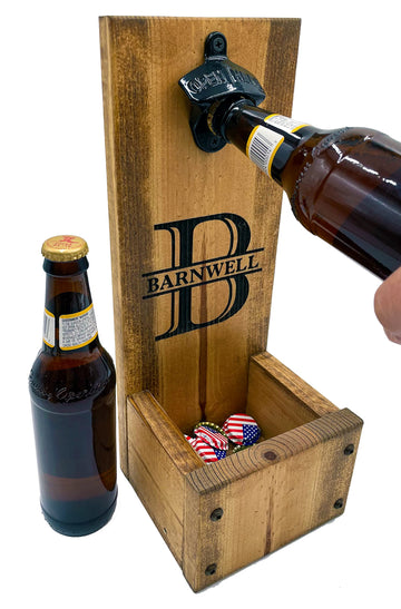 Bottle Opener with Dropbox Cap Catcher - Wall Mount or Freestanding - Laser Engraved - Personalized Christmas Gift idea for men Rustic Wood Groomsmen Gift Sets, Wedding and Anniversary Presents