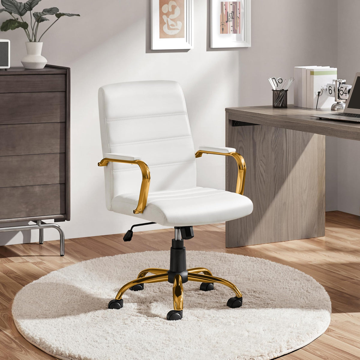 Yaheetech White and Gold Office Chair Mid Back Pu Leather Rocking Desk Seat, 24? W × 25? D × (38-41.5)? H