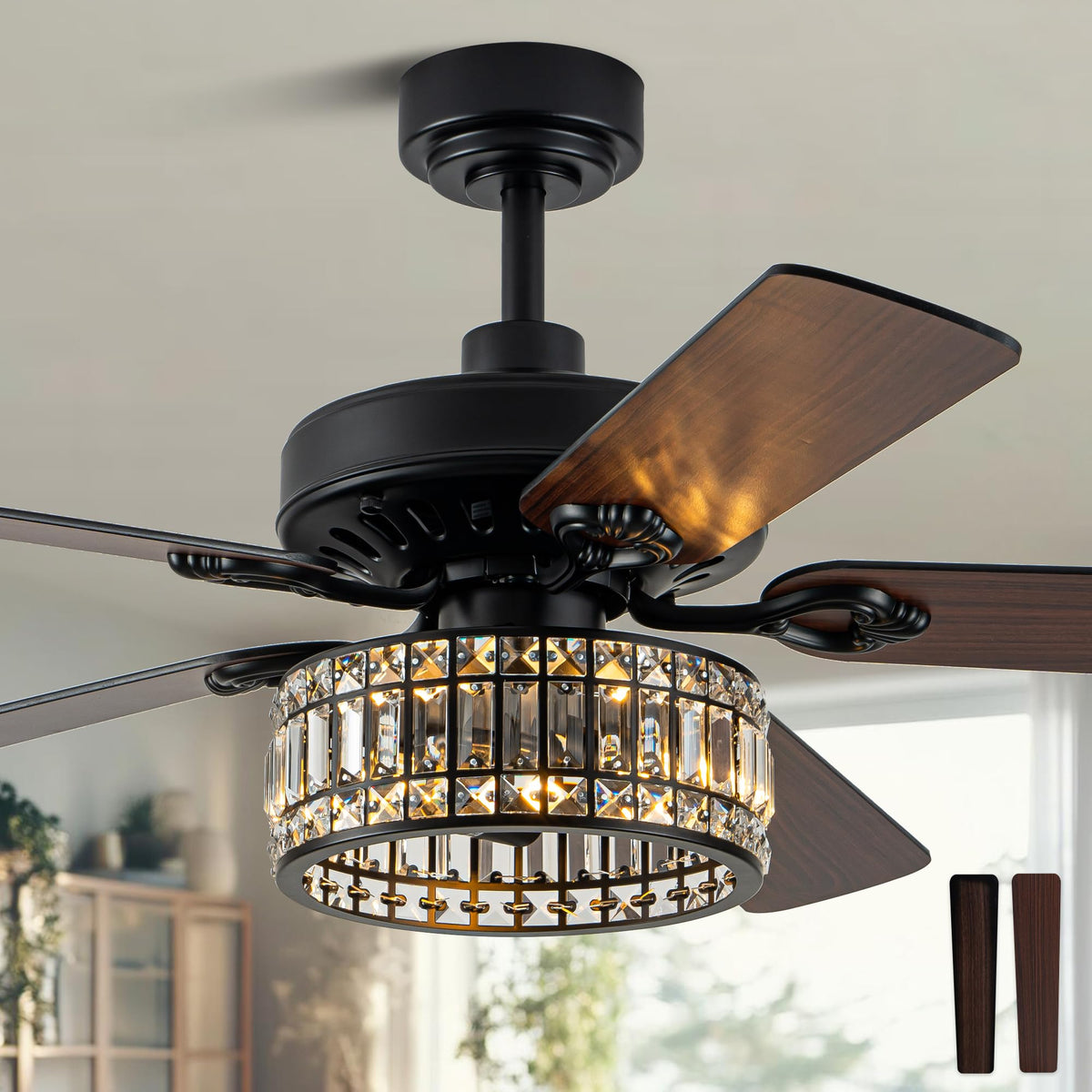 52" Black Crystal Ceiling Fan with Light, Modern Chandelier Fan with Remote, Farmhouse Vintage Fandelier Fan with Quiet DC Motor, 6 Speeds for Dining Living Room Bedroom (No Bulbs Included)