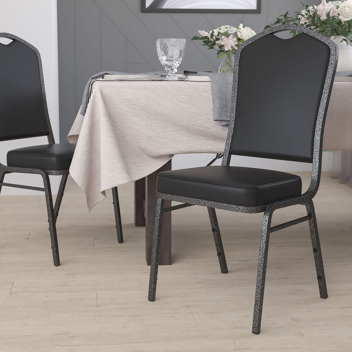 Flash Furniture Hercules Vinyl Crown Back Stackable Banquet Chair, Silver, Set of 1, Black Vinyl/silver Vein Frame
