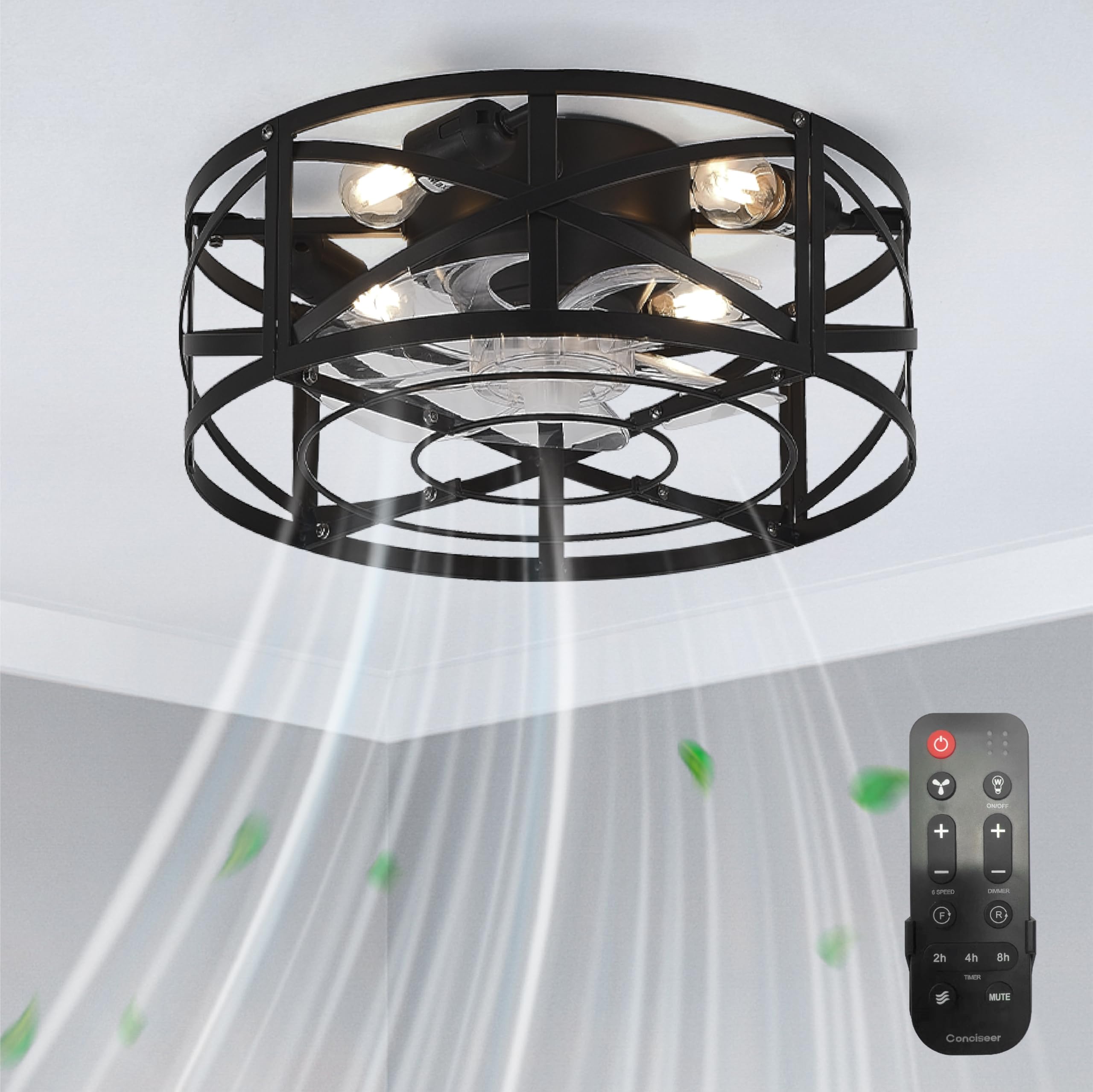 Conciseer 16 Inch Caged Ceiling Fans with Lights and Remote, Flush Mount, Low Profile 7 Blades 6 Speed Reversible Quiet DC Motor for Bedroom, Kitchen and Living Room, Black