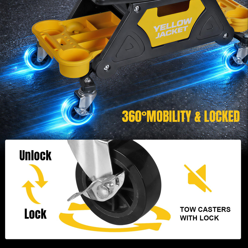 Yellow Jacket Rolling Mechanic Seat with Drawer & Trays, 300lb, Garage Shop, Mechanic Rolling Stool