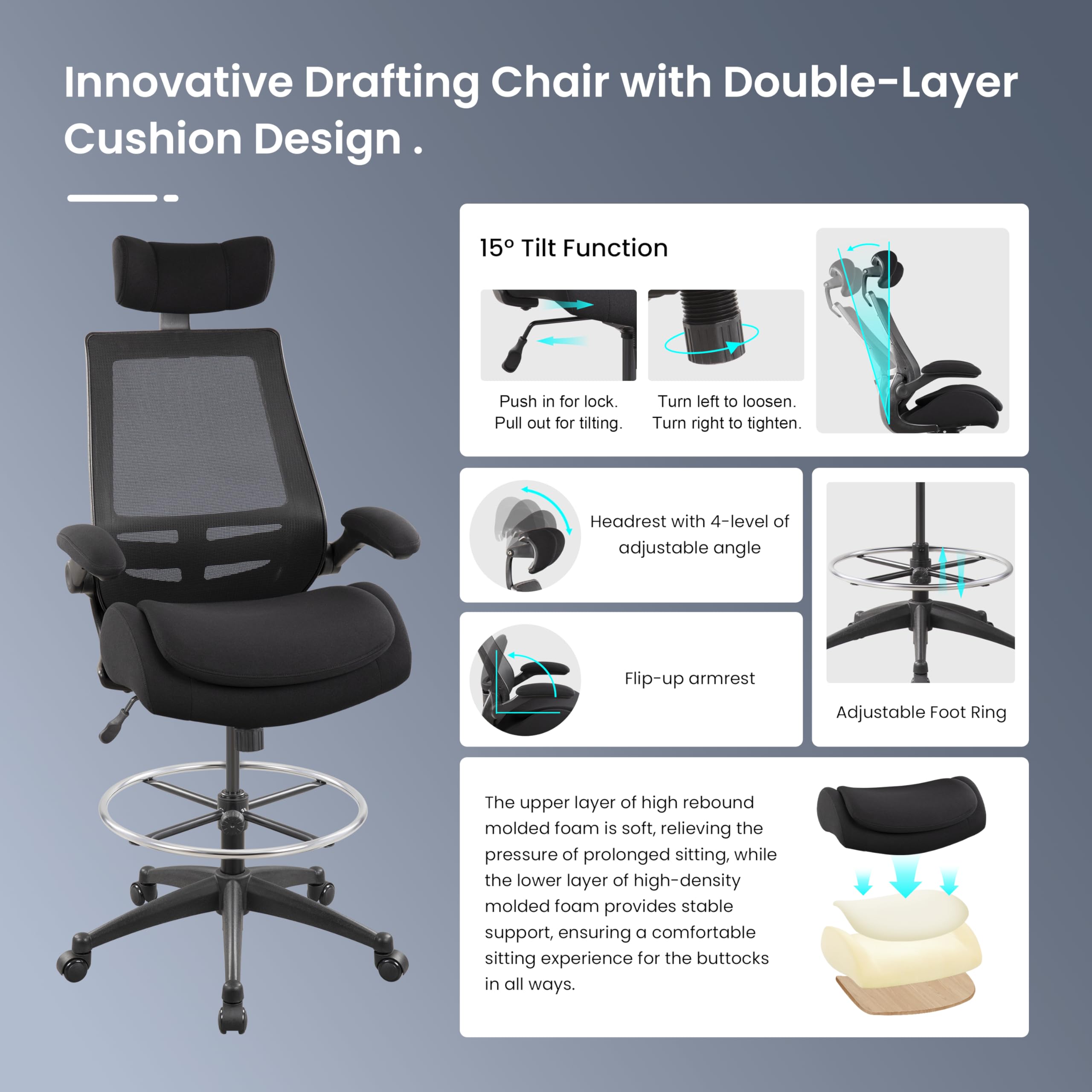 Boliss Big and Tall Drafting Chair 400lbs High Back Dual Seat Cushion, BLS-2818HDS, Black