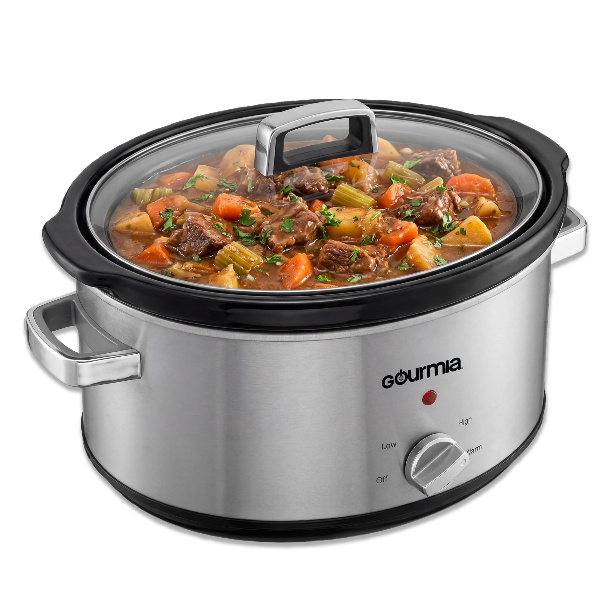 Gourmia Slow Cooker - 7 Quart Removable Ceramic Pot, Manual Controls with 3 Temperature Settings, Dishwasher Safe Crock and Glass Lid, Stainless Steel