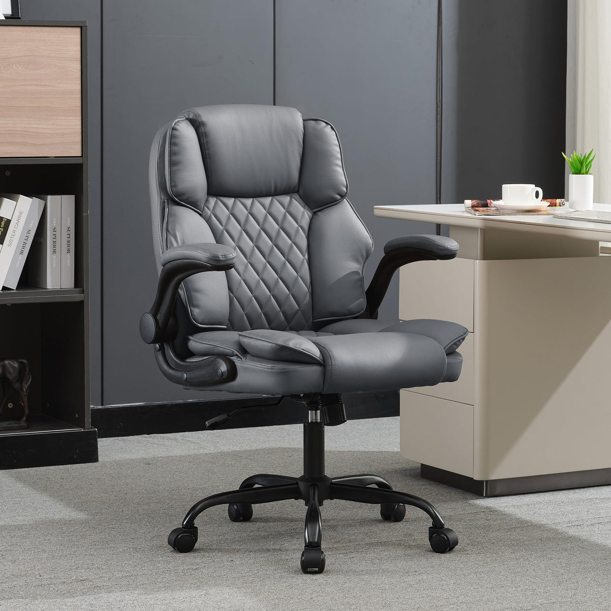 Bowthy Office Desk Chair,mid Back Executive Leather Chair,ergonomic Home Computer Chair,modern Conference Room Chairs with Adjustable Flip-up