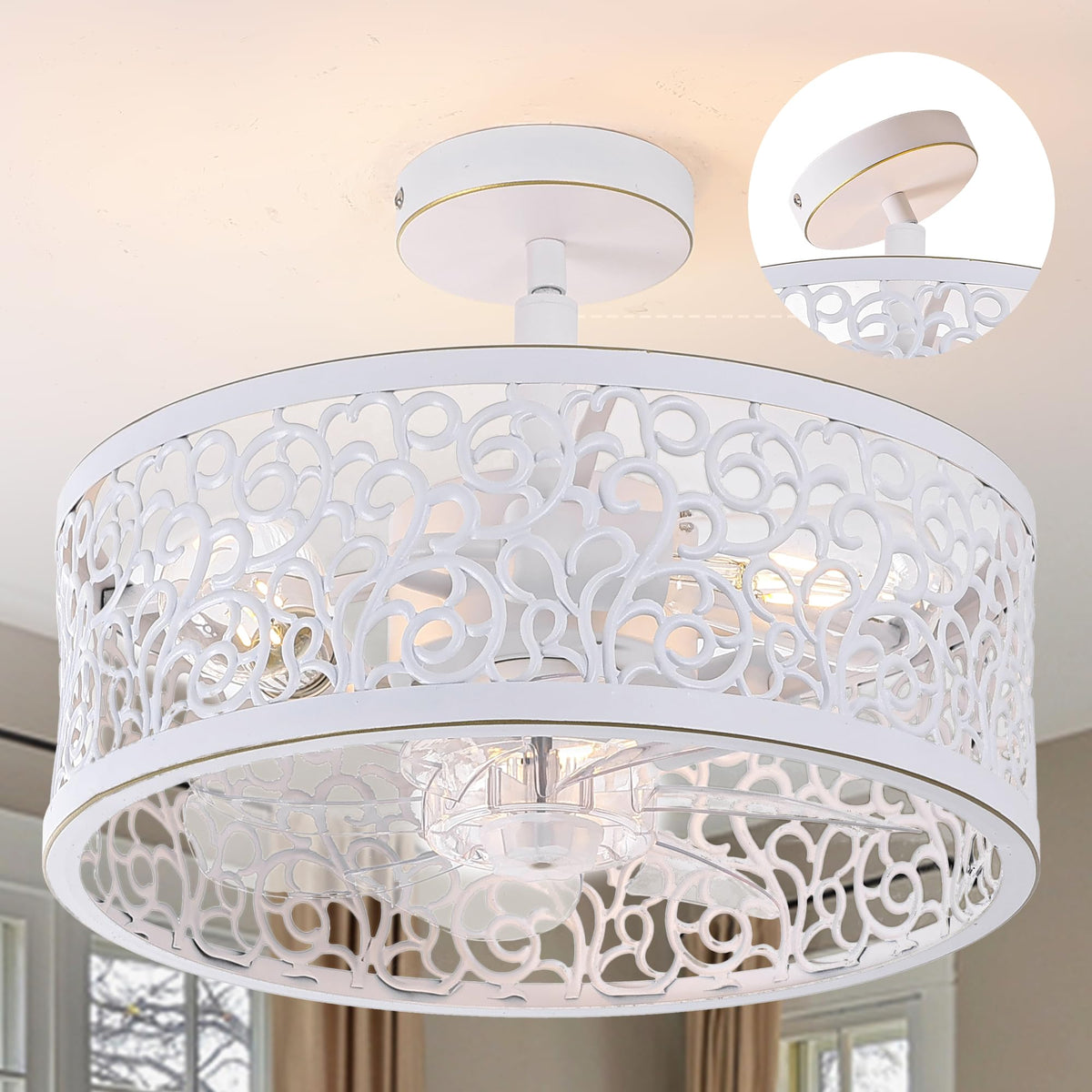 COCOSTAR Small Farmhouse Ceiling Fan with Light and Remote/APP, 15in White Caged Fandelier with Lights for Kitchen, Bedroom?4 Speed, Timing?