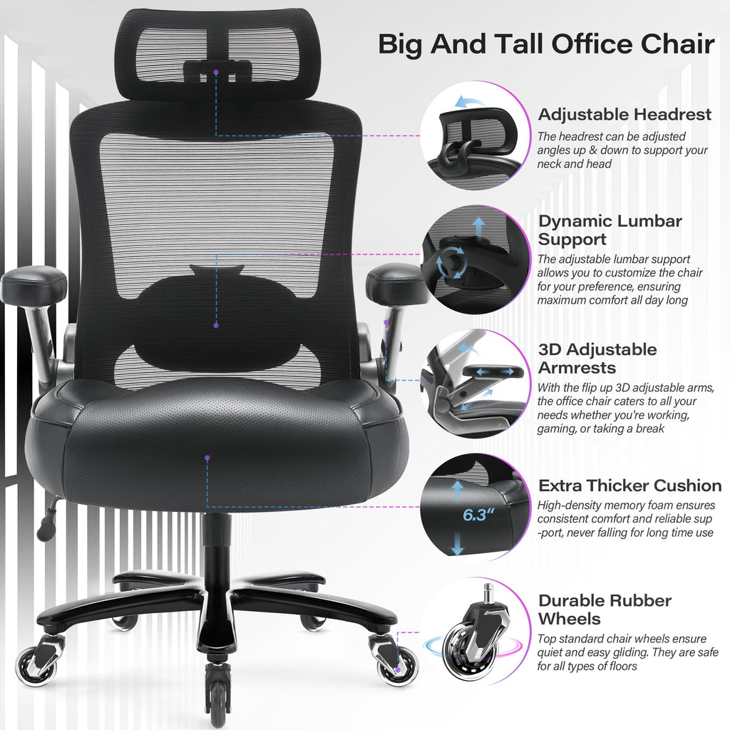 500lbs Big and Tall Office Chair- Heavy Duty Large Executive Office Chair with 3d Flip Arms- Ergonomic Mesh High Back Computer Desk Chair,