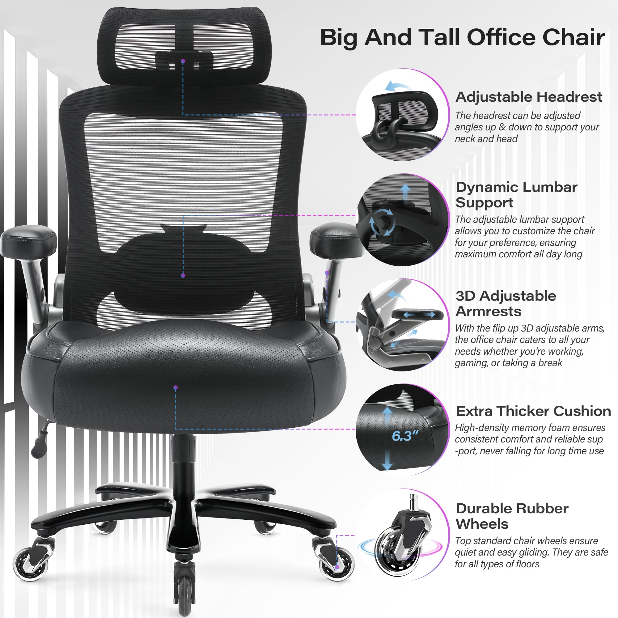 500lbs Big and Tall Office Chair- Heavy Duty Large Executive Office Chair with 3d Flip Arms- Ergonomic Mesh High Back Computer Desk Chair,