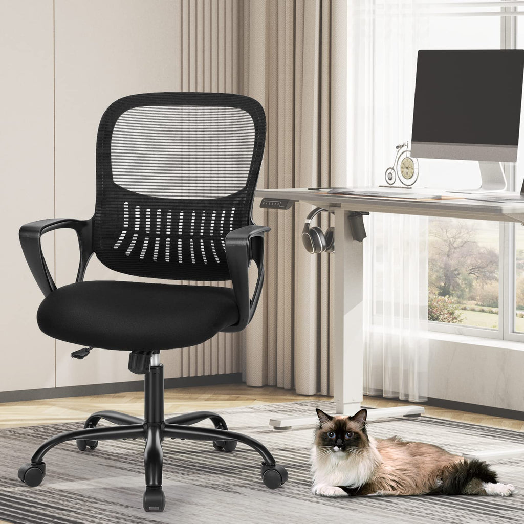 Sweetcrispy Home Office Chair, Mesh Office Chair, Lumbar Support, Black, 18.5"D&Fixed Arm-Plus
