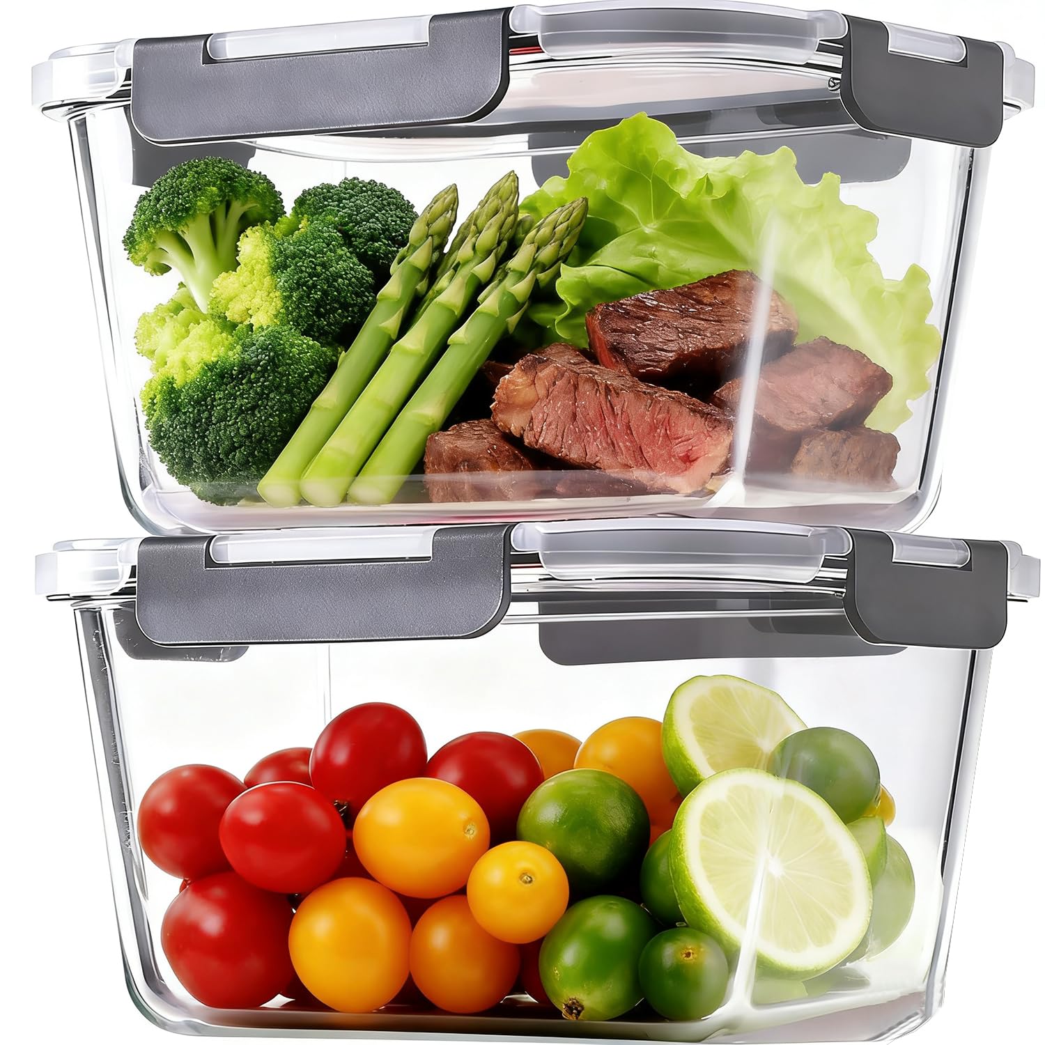 2 Pack Large Glass Food Storage Containers with Lids 85oz/10.5cup Big Airtight Storage Containers for Rotisserie Chicken Meal Prep Leftovers, BPA Free & Leak Proof, Microwave, Oven Safe (gray)