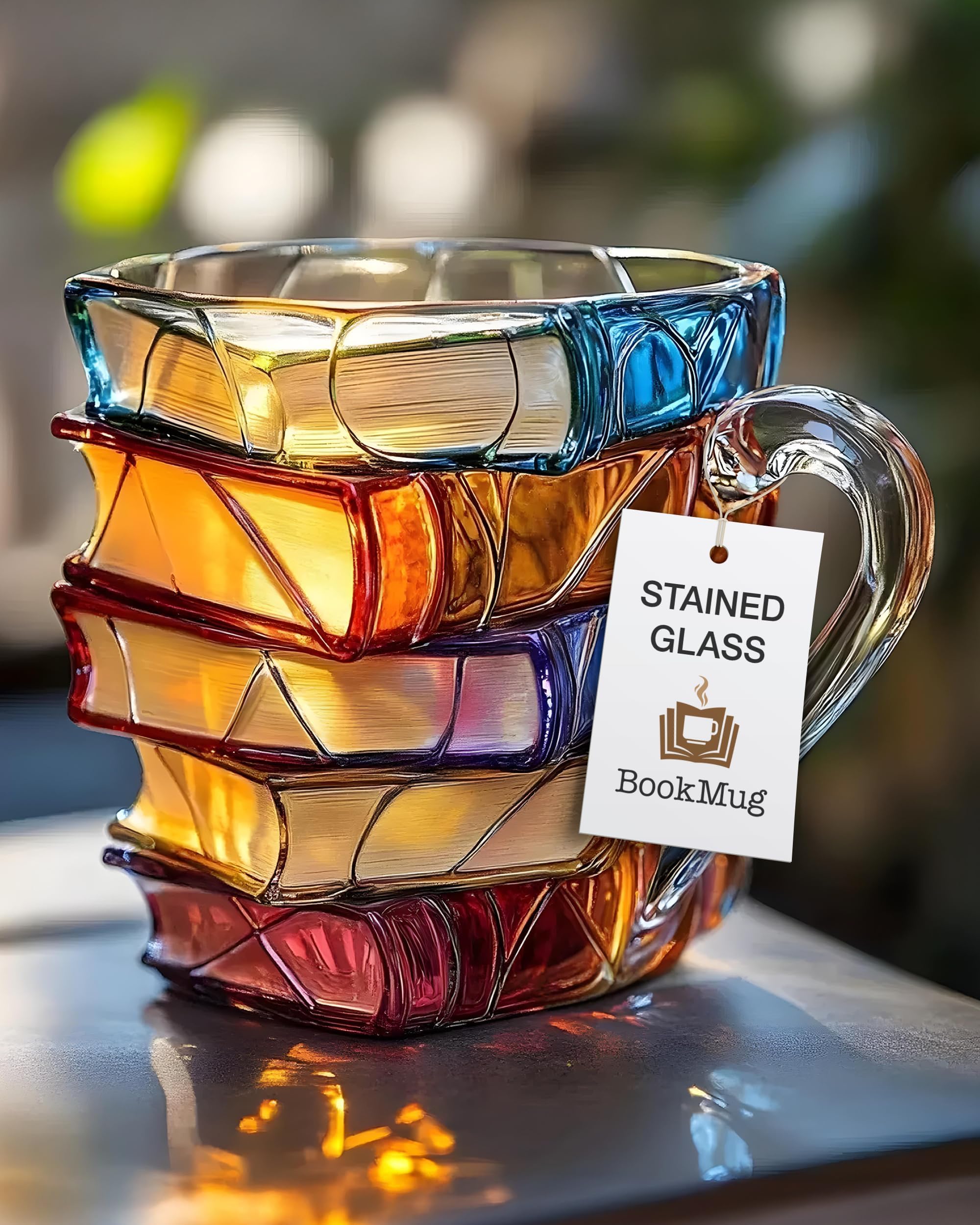 Chapter Book Mug Glass 3D Book Mugs Birthday Gift For Women Stained Glass Cups with Stack Design, Artistic Reading Coffee Cup, Unique Literary Friendship Gifts for Women, Friends & Readers, 7oz