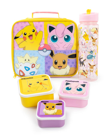 Pokemon Girls Lunch Bag Set | Kids 5 Piece Zip Dinner Bag, Water Bottle and Snack Pot Bundle in Pink & Yellow | Pikachu, Jiggly Puff, Eevee, Togepi Besties Characters | Game TV Series Merchandise Gift