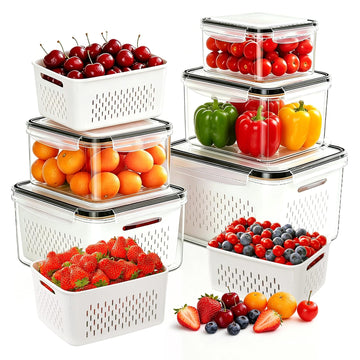 HestiaSnax 5 Pack Large Fruit Storage Containers for Fridge, Leakproof Produce Containers with Removable Colanders, Dishwasher Safe Fridge Organizers and Storage, Keep Berry, Vegetables Fresh Longer