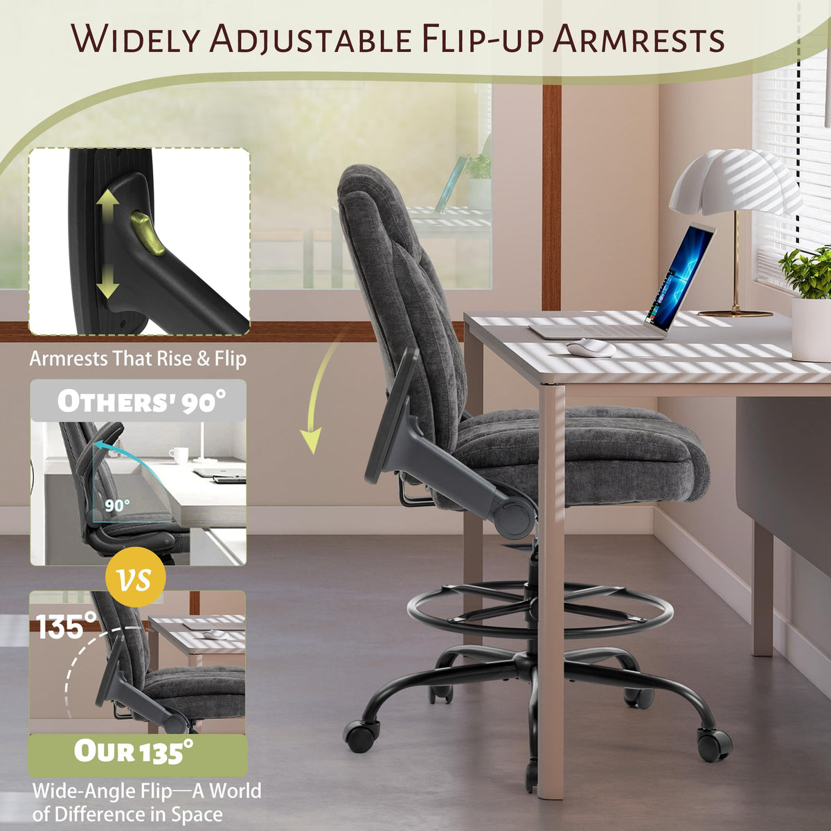 Drafting Chair,executive Tall Office Chair Flip-up Armrests for Counter Height Desk Drawing Use,high Task Chair with Adjustable Foot Ring
