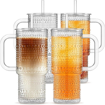 INSETLAN 20 oz Hobnail Glass Tumbler with Handle, Set of 4, Iced Coffee Cup