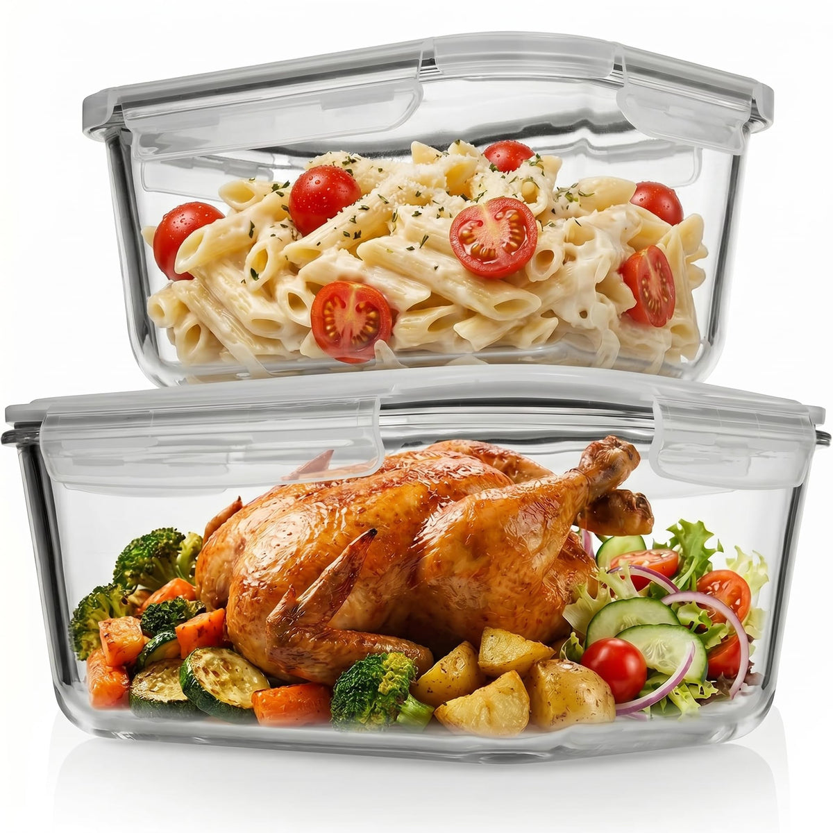 Razab 4 Pc (2700ML/ 91 Oz & 1520ML/ 51 Oz) Airtight Large Glass Food Storage Containers with Lids - BPA Free, Leak Proof Meal Prep Containers (2 Containers + 2 Lids) Microwave, Oven & Freezer Safe