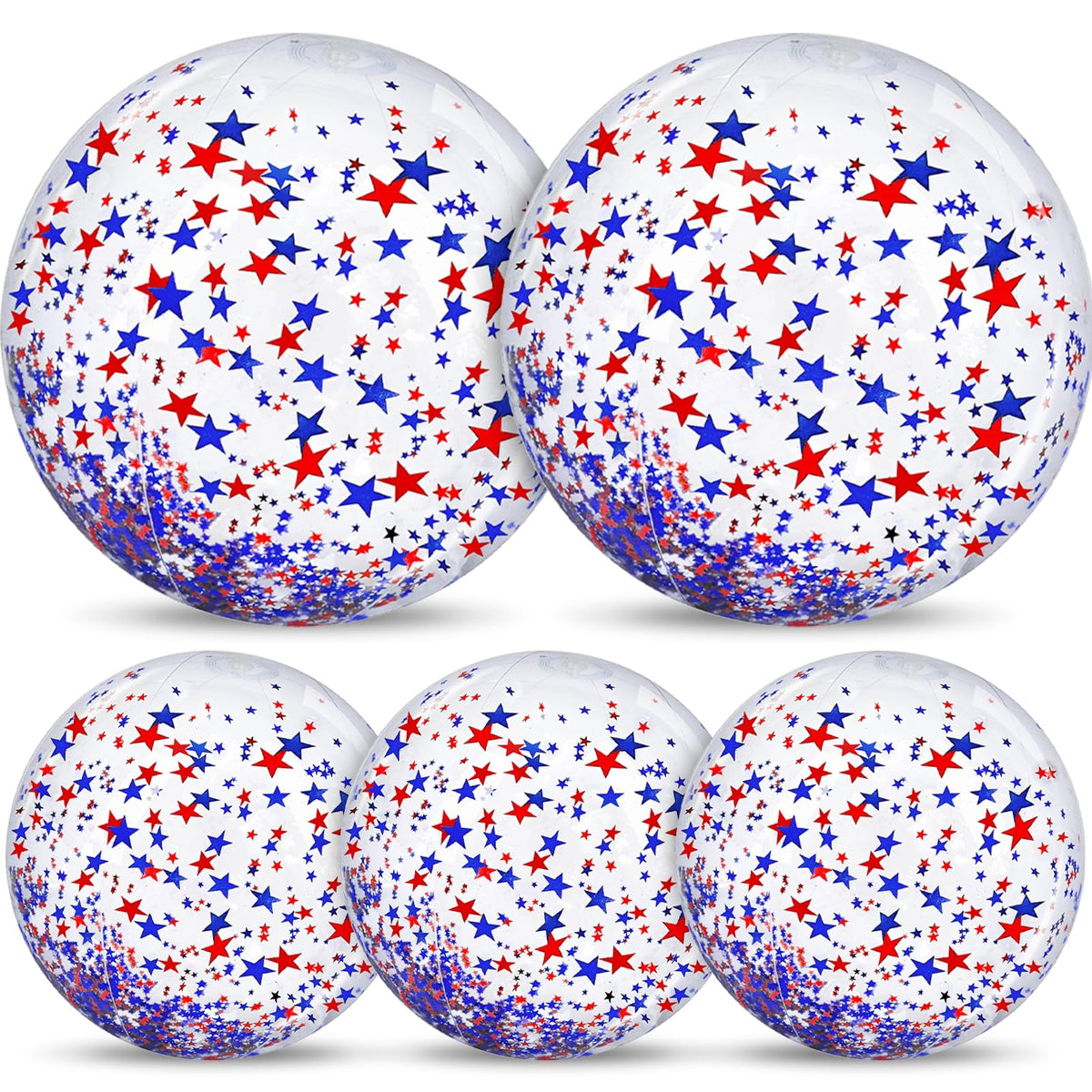 TURNMEON 5 Pack American Flag Beach Balls 24 Inch & 16 Inch Patriotic Pool Toys, Red White Blue Star Confetti Glitter Inflatable Clear Balls for 4th of July Independence Day Pool Parties