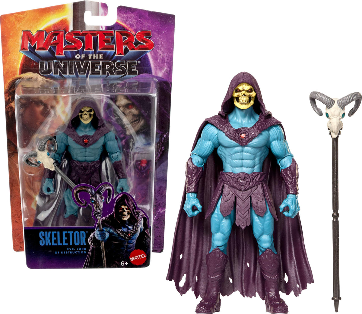 Masters of the Universe Skeletor action figure with packaging on a white background
