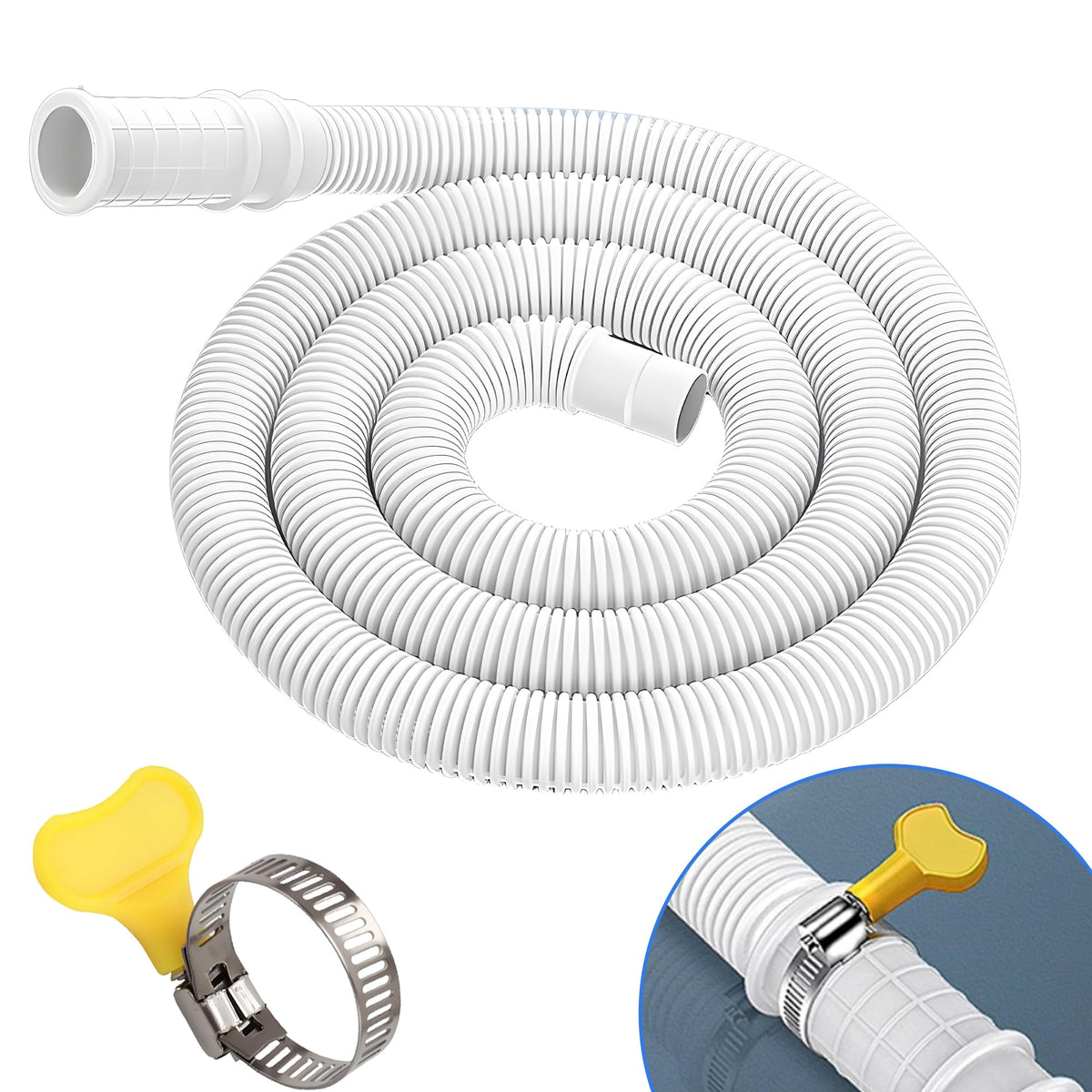 Dehumidifier Drain Hose Kit (5.25FT) – Universal PVC Corrugated Drain Hose with Stainless Steel Clamp & Thumb Screw, Leak-Proof Design, Fits Most Dehumidifiers and Portable Washing Machines